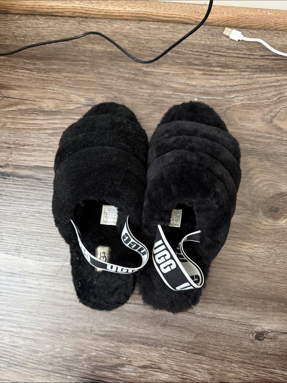 UGG Black Faux-Fur Slide Slippers with Branded Elastic Strap